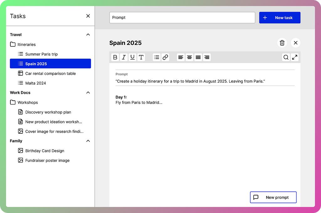 A user interface concept. A filesystem appears in a left-hand panel, though instead of files they are tasks which have been created with the help of geneartive AI.