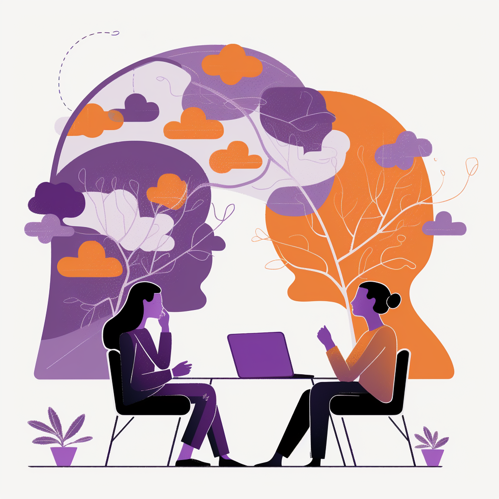 An illustration of two women sitting on either side of a table, talking. There is a laptop on the table between them, and an abstract representation of trees, leaves, clouds, and what could be a face in profile behind them.