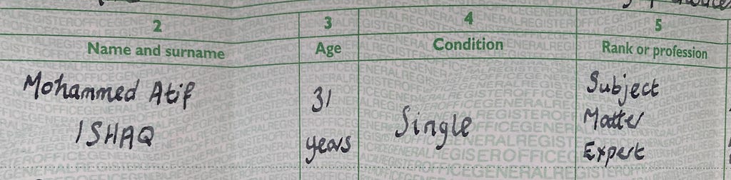 snippet of a marriage certificate showing Subject Matter Expert as the occupation