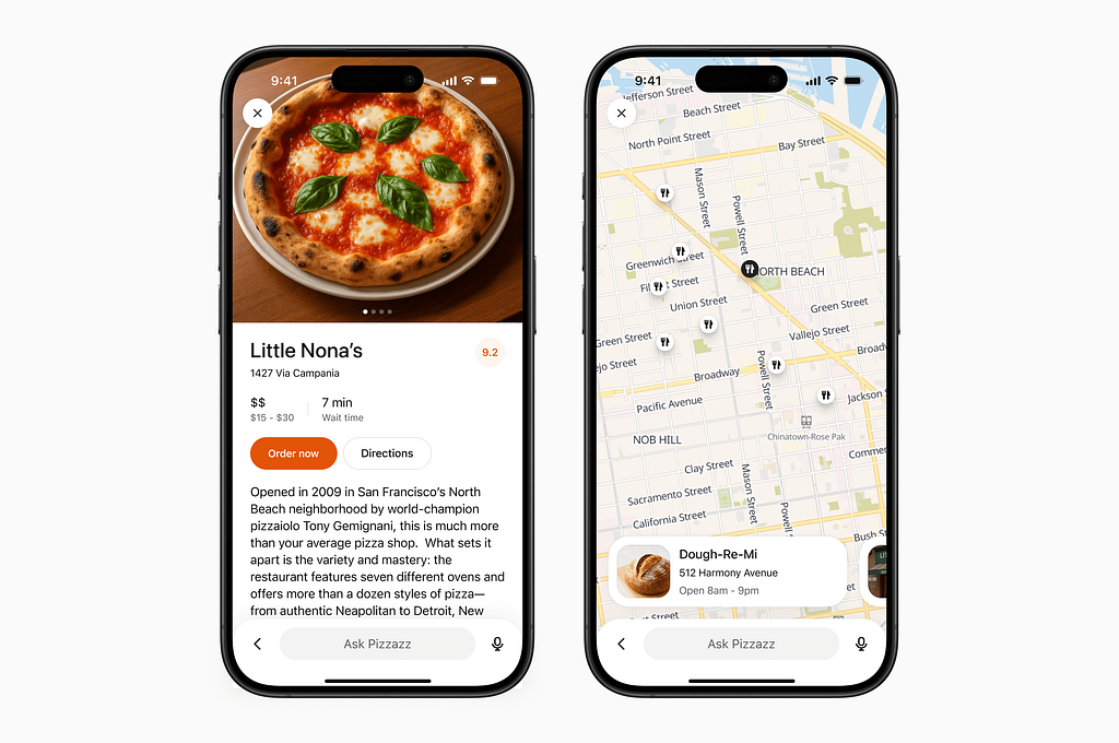 Two smartphone screens showing full-screen interactions within ChatGPT Apps SDK: one displaying restaurant details for “Little Nona’s” with an image, description, and action buttons, and another showing a map with nearby pizza locations.