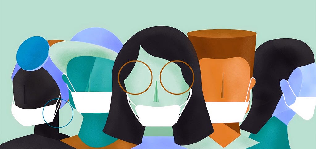 Illustration of five faces of individuals wearing face masks and next to each other on a retro-styled teal background
