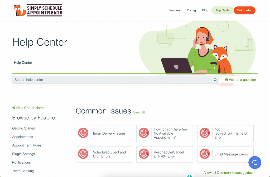The landing page for the Simply Schedule Appointments Help Center showing how the troubleshooting guides are placed on the highest section to make it easier for users to access.