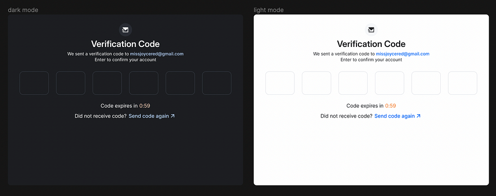 A modal design in dark and light mode using figma variables
