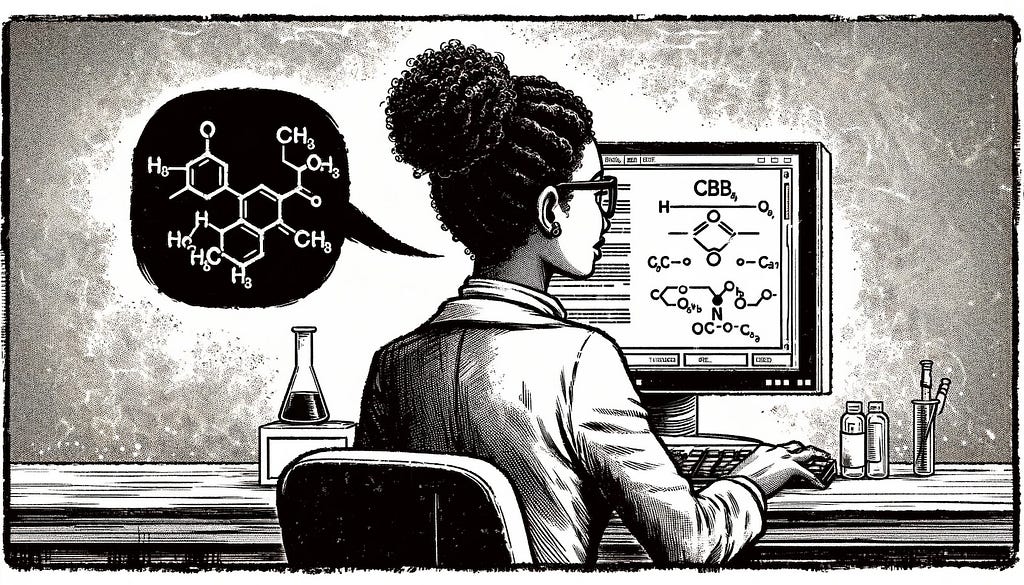 Image of a female scientist talking “chemistry” to a computer (generated using ChatGPT by OpenAI)