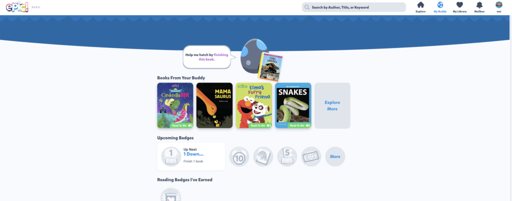 Screenshot of Epic product, showing book covers and a dinosaur egg that is saying “Help me hatch by finishing this book”.