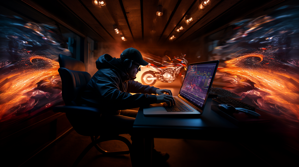 Image of a person sitting behind a laptop with fast paced particles around him