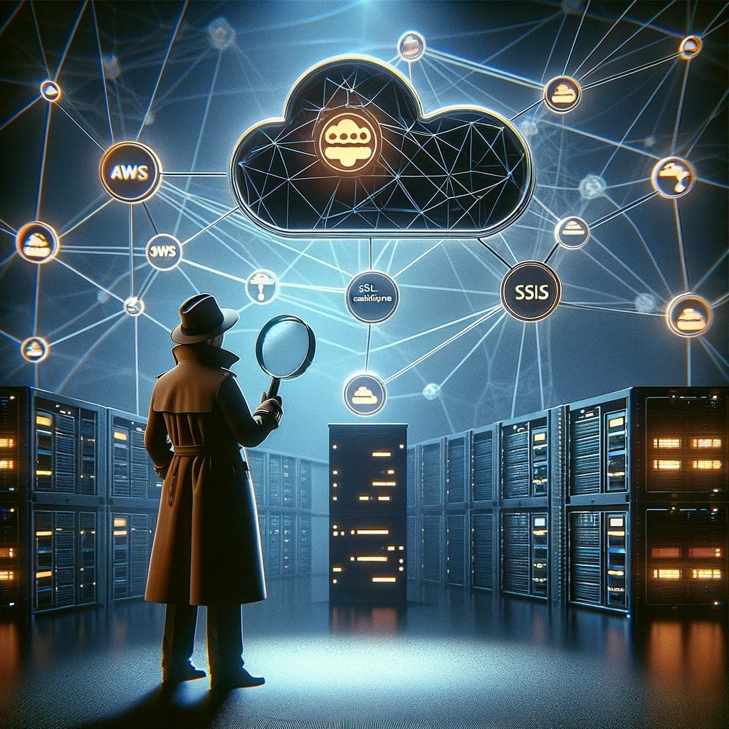 A digital illustration depicting a detective, magnifying glass in hand, closely inspecting a node labeled ‘SSL Certificate’ within a complex network representing a Kubernetes cluster. The background features faint AWS logos and a classic LoadBalancer, set against a dark, mysterious ambiance to emphasize the detective’s investigation into technical cloud environment issues.
