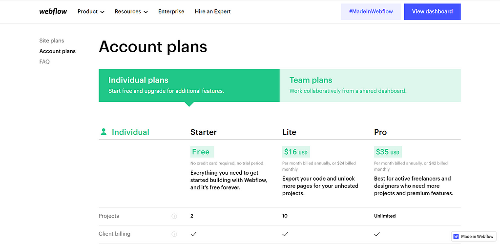 Webflow account plans