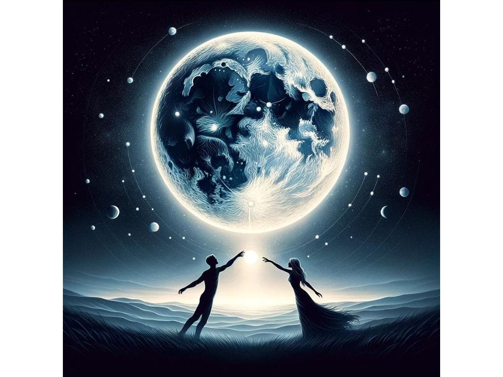 wo silhouettes reaching towards each other under a full moon in a star-filled sky, symbolizing the destined connection of moon phase soulmates.