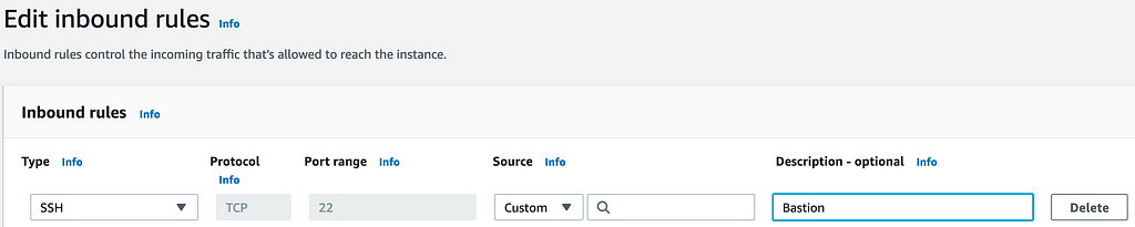 Inbound rules amended to accept only inbound traffic from Bastion on port 22