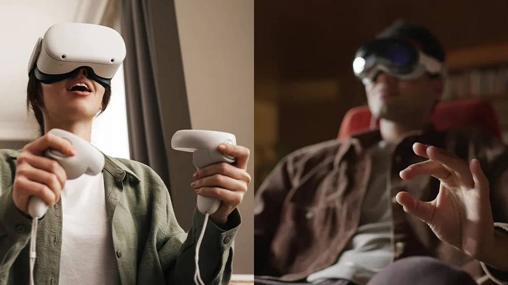 Two photos. On the left a girl with the Oculus Quest 2 on using the two controllers. On the right, a man with the Vision Pro on using his hand to pinch