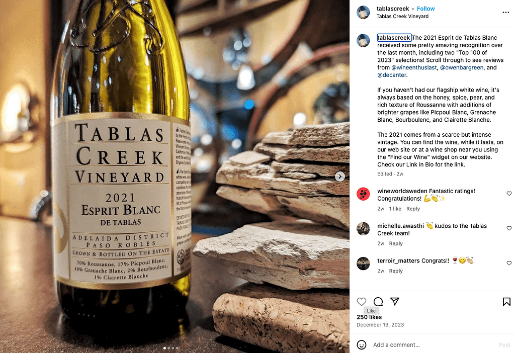 A picture of Tablas Creek Vineyard wine brand on Instagram with people’s comments and likes.