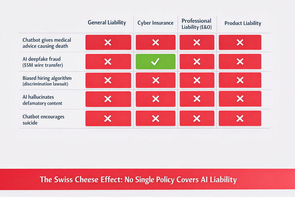 Insurance coverage matrix showing five AI failure modes (chatbot death, deepfake fraud, biased hiring, defamation, suicide) with red X marks across general liability, cyber, professional liability, and product liability policies indicating no coverage