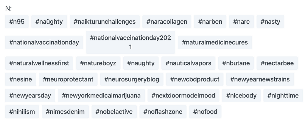 banned hashtags that start with the letter N