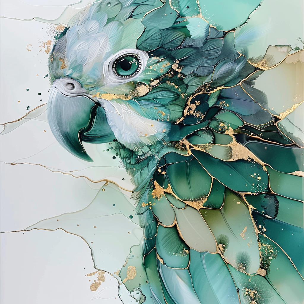 Alcohol ink painting of a parrot, green, color-gel, splashing art, abstract, pastel tones with golden cracks