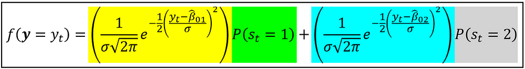 The unconditional probability density of y under the influence of a 2-state Markov model