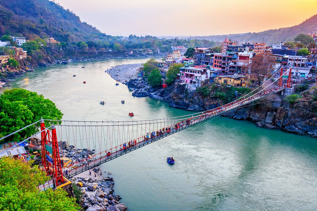 Image taken from wallpapercave.com, contains a bridge over river Ganga and a beautiful sunset view of city Rishikesh, Uttarakhand, India.