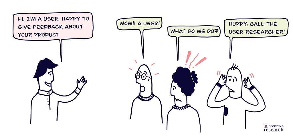 Cartoon: Stakeholders in an organisation surprised and not knowing what to do when a user comes to provide feedback.