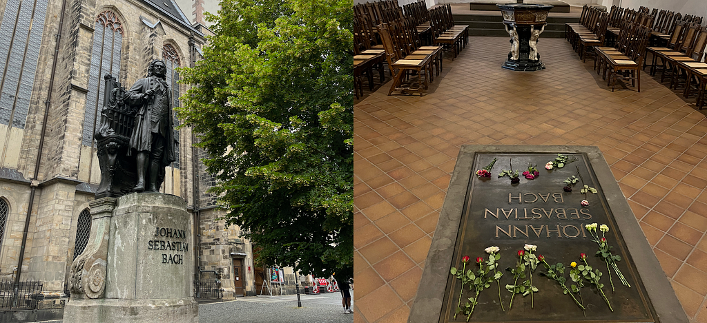 A statue of Bach in front of St. Thomas church, juxtaposed with his grave at the front of the choir that has been strewn with roses.