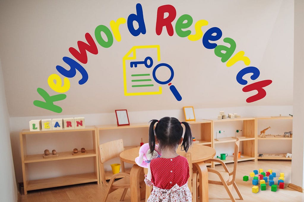 A kindergartener looking at the colorful keyword research words on the wall.