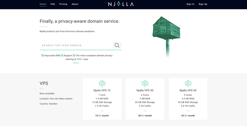 Njalla for private domain registration.