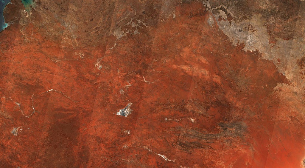 Satellite image of the Australian desert, where Orbit stripes are visible