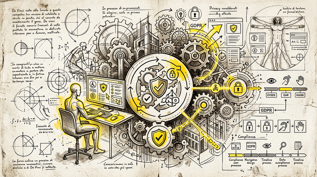 An abstract, Da Vinci-style technical sketch of a user interface layout with golden-yellow geometric overlays, architectural lines, and design-compliance schematics on a black and white background.