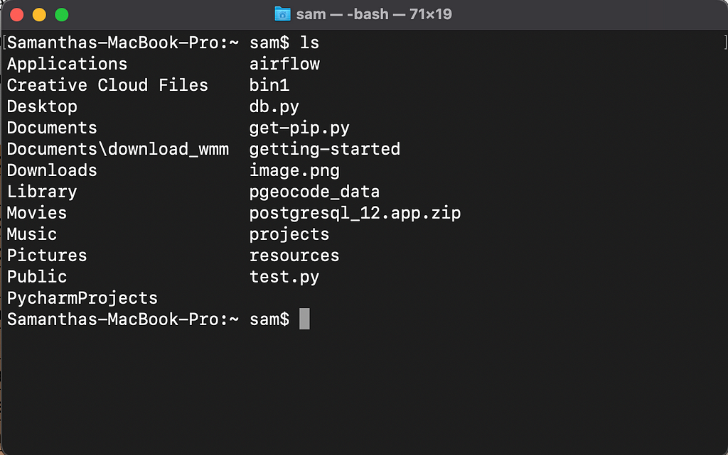 terminal window with the command “ls” executed listing directories and files