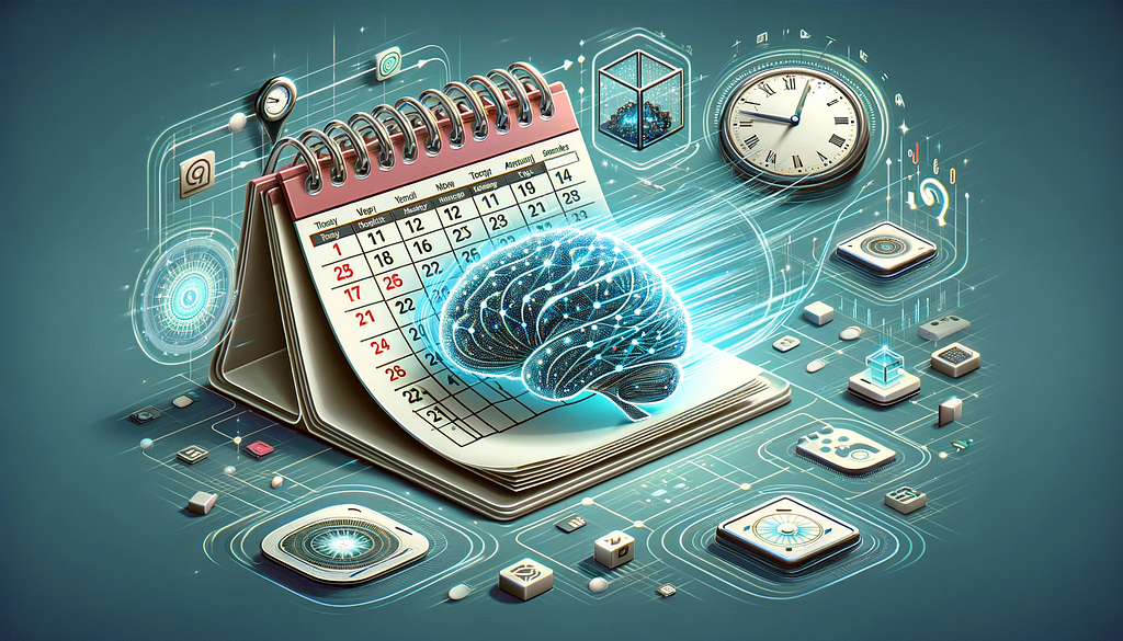 Abstract representation of rapid AI advancement, with a calendar flipping, fast-forwarding digital clocks, and AI-themed icons like neural networks and digital brains against a Google-colored background.