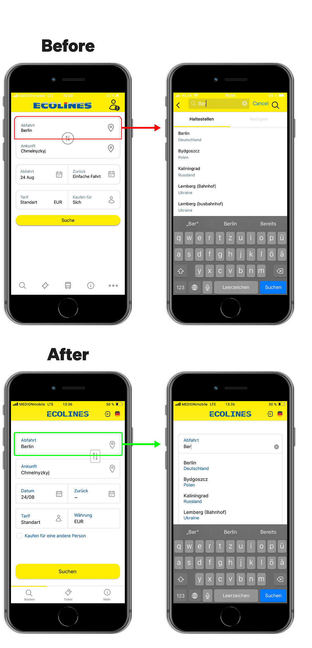 Before After change of structure in redesigned app