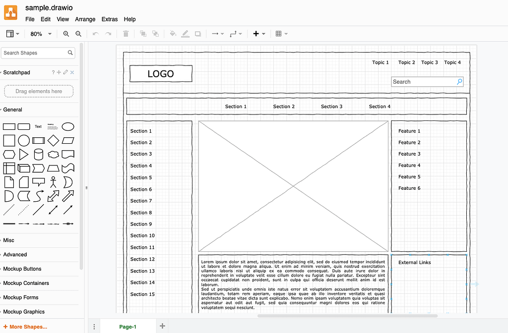 A sample wireframe generated by Draw.io