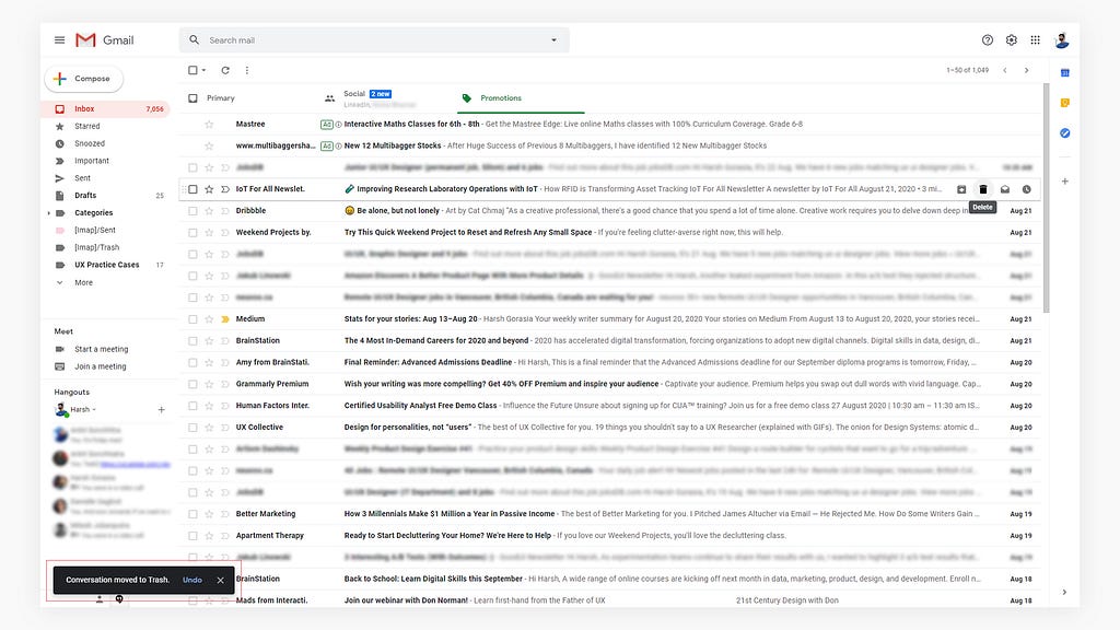Snackbar in the Gmail showing the Undo action button to recover the deleted email.