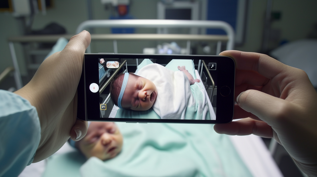 a baby in a delivery room is viewed through a smartphone