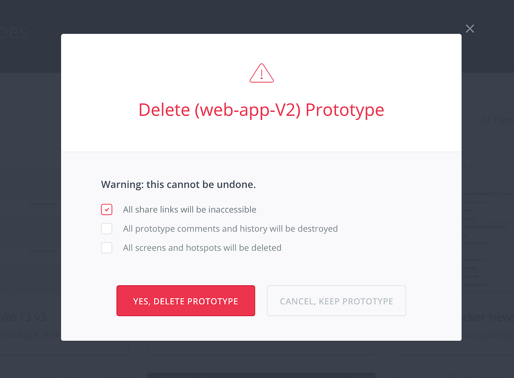 Invision App’s “delete” confirmation screen requires checking boxes to proceed with deletion