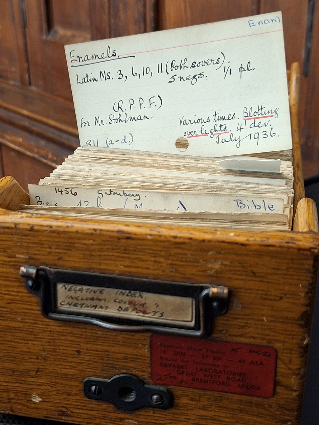 Old library index cards of the glass plate negatives