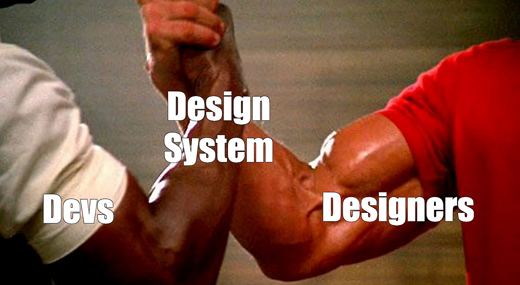 The image depicts an arm-wrestling starting point, with one hand labeled as “Devs” and the other labeled as “Designers”. In the center of the image, there is a caption that goes for “Design system”.