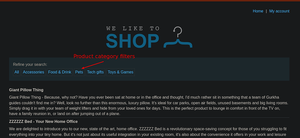 Shot of the labs home page showing where the product category filters are