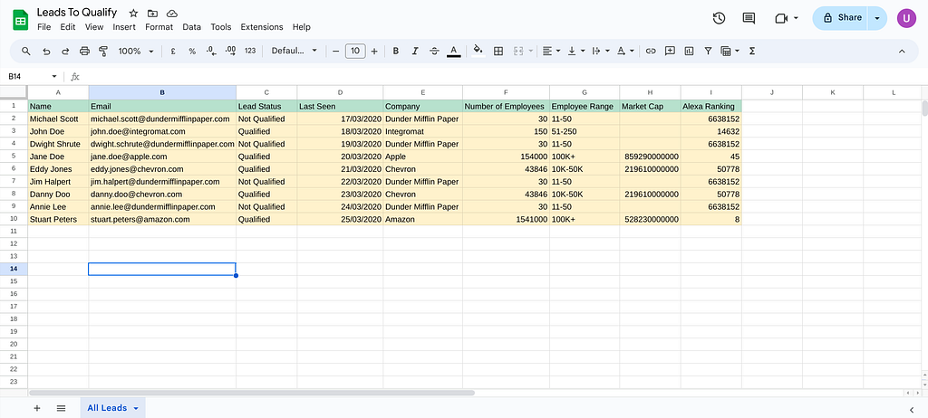 Updated Spreadsheet in Google Sheets