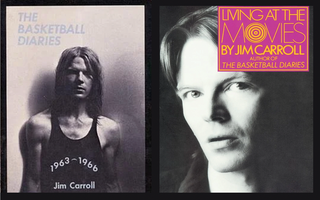 Book covers for Jim Carroll’s “The Basketball Diaries” and “Living at the Movies”