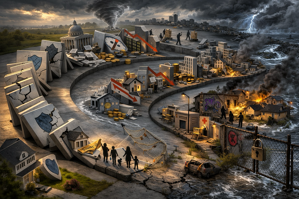 Illustration of a doom loop. A circular row of giant dominoes mixed in with houses, government building, and natural disasters. It spirals from peaceful on the left to desolate on the right.
