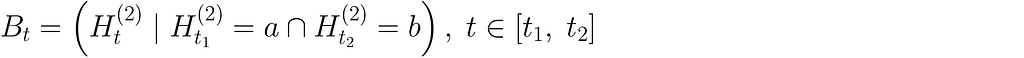 B_t = \left( H_t^{(2)} \;|\; H_{t_1}^{(2)} = a \cap H_{t_2}^{(2)} = b \right), \; t \in \left[ t_1, \; t_2 \right]f_{t,\; s}^{(2)(a)}\left(x \right) = \dfrac{1}{\sqrt{2\pi}\sqrt{(t — s)\sigma²}} \cdot e^{-\dfrac{1}{2}\dfrac{{\left( x-\mu \left(t — s \right) — a \right)}²}{(t — s)\sigma²}}