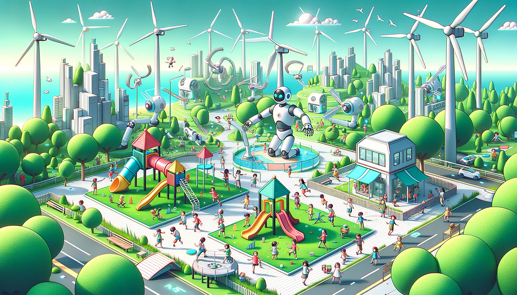 Meta-modern style illustration of children joyfully playing in a tech-utopia themed miniature playground. The playground is surrounded by lush greenery, clean energy windmills, and small robots playing alongside children.