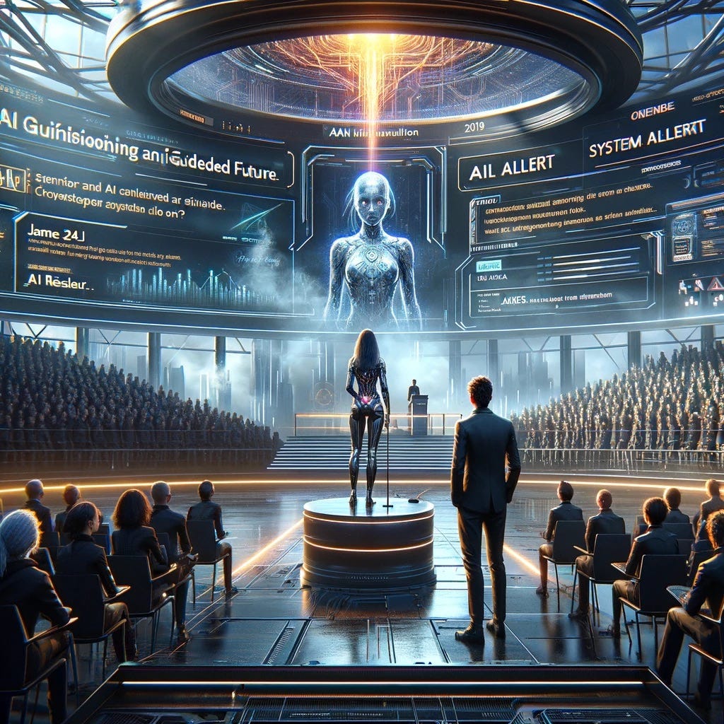 A futuristic assembly hall with a woman standing at the forefront addressing a crowd. She is an AI researcher named Valeria, depicted with a mixed aura of confidence and doubt. She has just finished a powerful presentation advocating for an AI-guided future, but now stands questioning her own beliefs. Behind her, a large screen displays a cryptic system alert, symbolizing her wavering conviction…