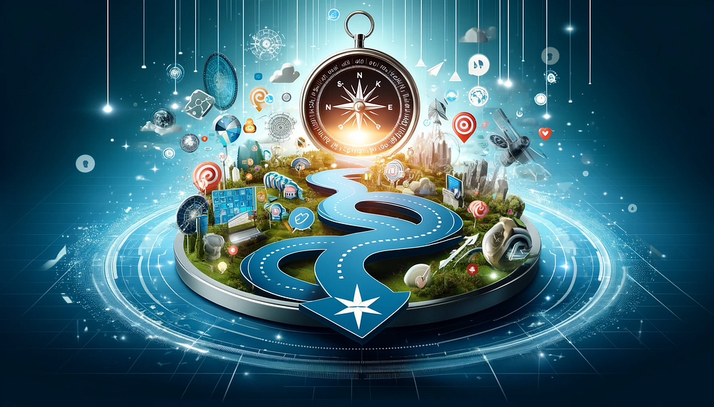 The image depicts a digital landscape with elements like a compass, a path or roadmap, various digital marketing tools, and symbols representing different stages of a digital marketing strategy, such as audience targeting, content creation, and analytics. The overall aesthetic is modern, dynamic, and engaging, reflecting the exciting journey of navigating through the digital marketing world.