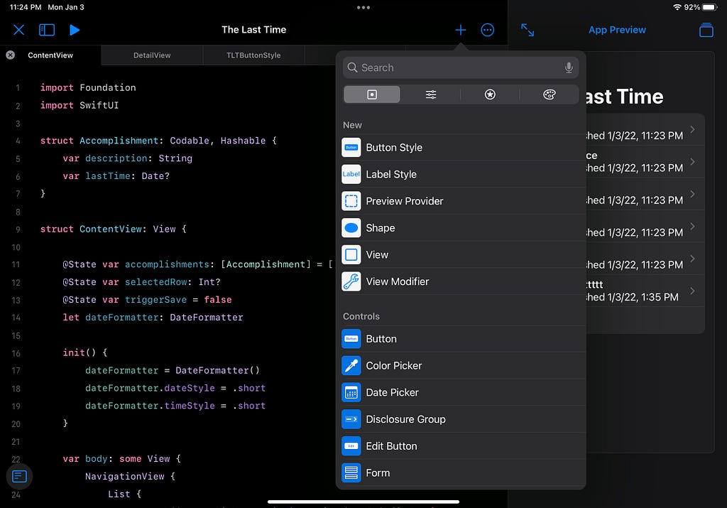 The add item popover lets you easily add elements to your code