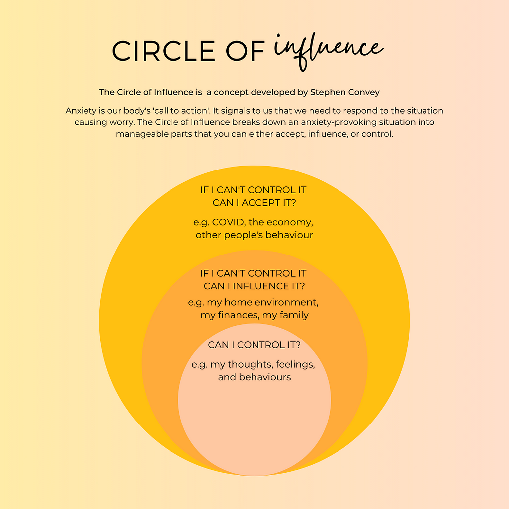 An orange ombre diagram of the Circle of Influence and circles describing each layer of the tool.