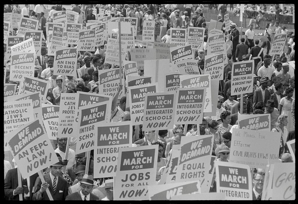 Marion S. Trikosko, photographer. Signs carried by marchers, during the March on Washington, 1963, US News & World Report.
