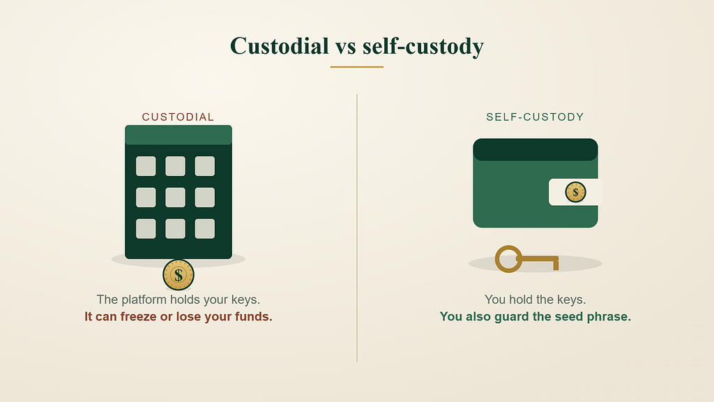 Comparison of custodial and self-custody crypto: a platform that holds your keys and can freeze or lose funds, versus a self-custody wallet where you hold the keys and must guard your seed phrase.