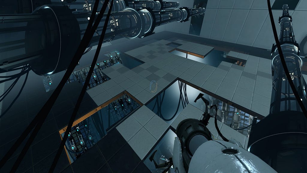 A screenshot from the video game Portal 2. There is a white tiled floor covered with holes. Beyond the holes is a grey abyss, stretching into nothingness. Mechanical arms as well as glass-and-metal pipes can be seen in the background.