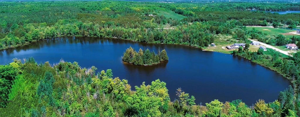 large lake with with an island, trees and grass